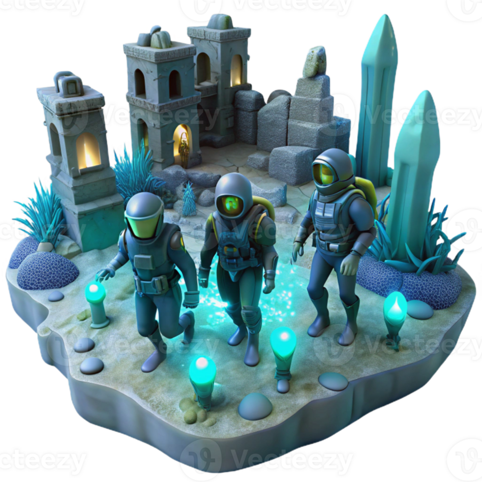 impressive vintage A group of explorers in futuristic diving suits, exploring the ruins of an underwater city, illuminated by the bioluminescent creatures of the deep.... png