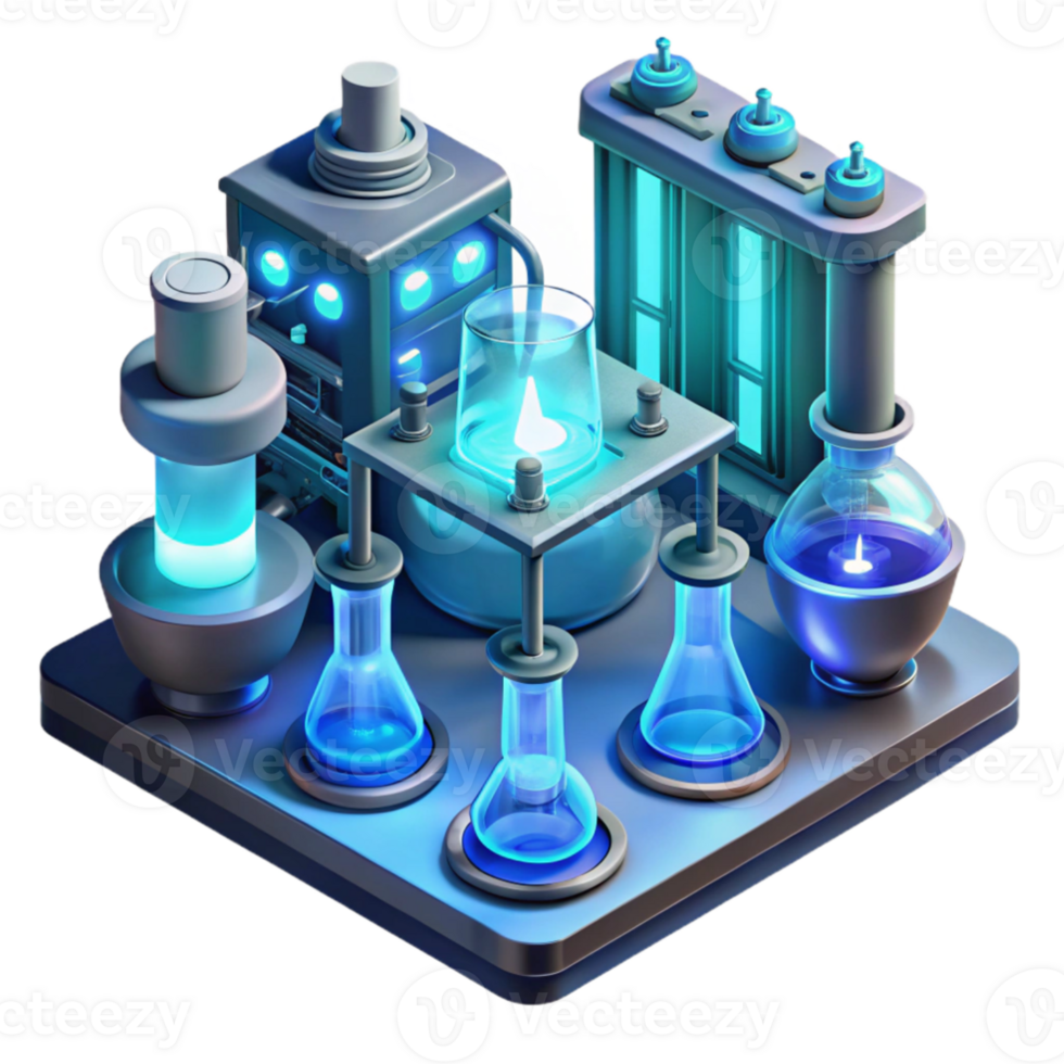 extraordinary vintage A futuristic laboratory filled with complex machinery and glowing test tubes, illuminated by the cool, blue light of holographic displays. Isometric pixel art style genuine png