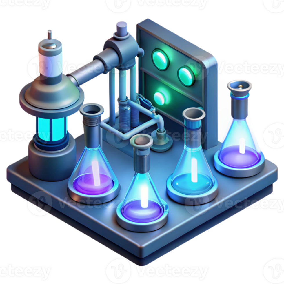 impressive rustic A futuristic laboratory filled with complex machinery and glowing test tubes, illuminated by the cool, blue light of holographic displays. Isometric pixel art style premium png