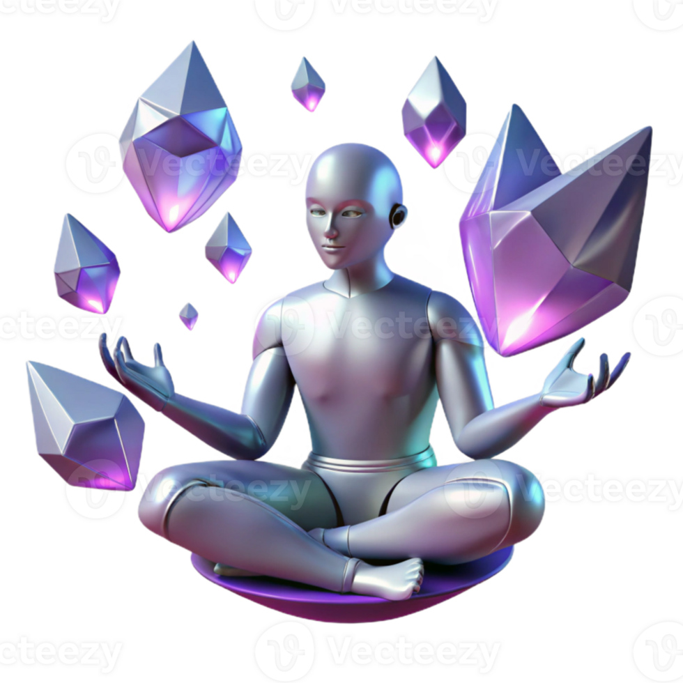 serene vintage A lone cyborg meditating amidst a field of floating, glowing crystals in a zero gravity environment. Dreamlike style, soft lighting high quality png