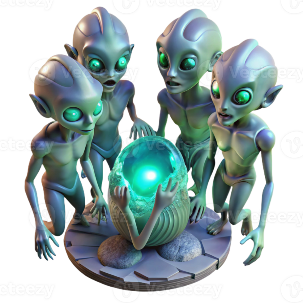 dramatic minimalist A group of alien creatures with iridescent skin, gathered around a glowing artifact in a dark, alien temple. Fantasy art style, detailed textures high quality png