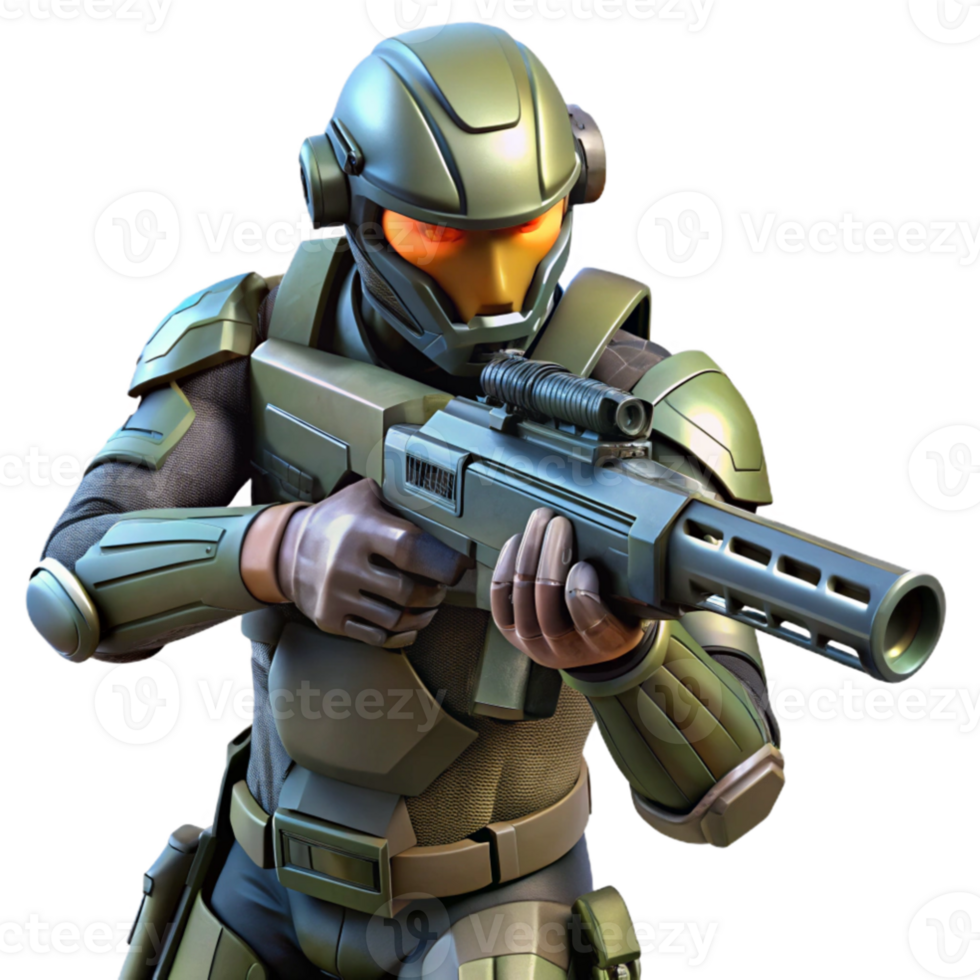 vibrant vintage A futuristic soldier in camouflage armor, aiming a high tech rifle in a dense, alien jungle. Military sci fi style, realistic rendering genuine png