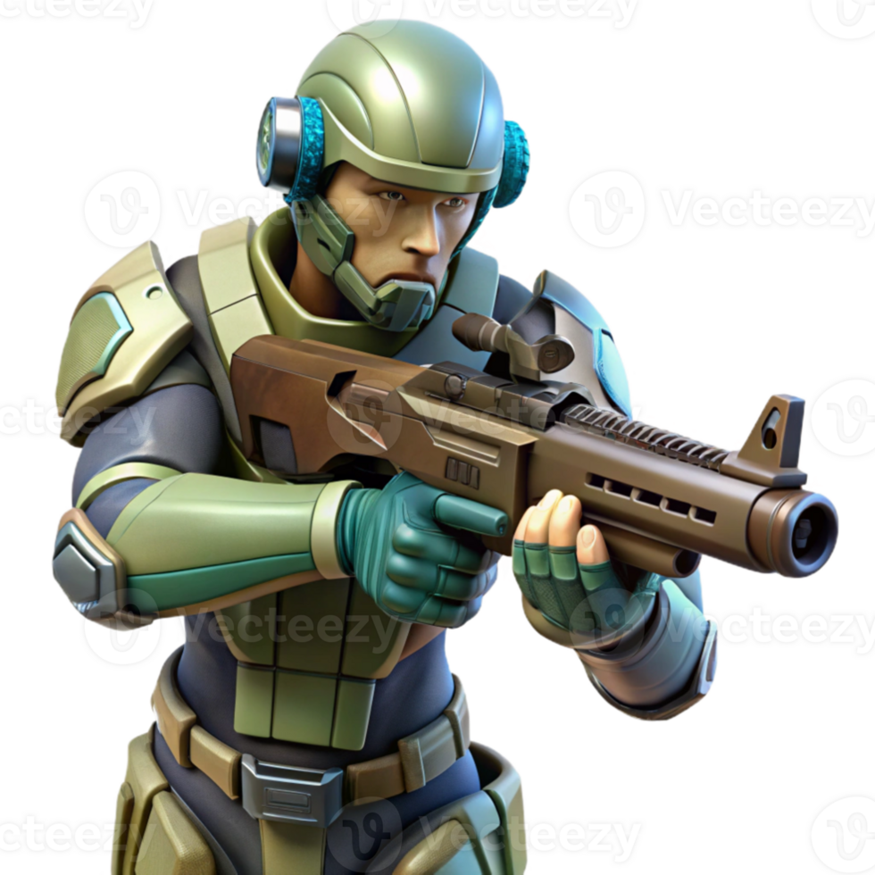 vibrant minimalist A futuristic soldier in camouflage armor, aiming a high tech rifle in a dense, alien jungle. Military sci fi style, realistic rendering genuine png