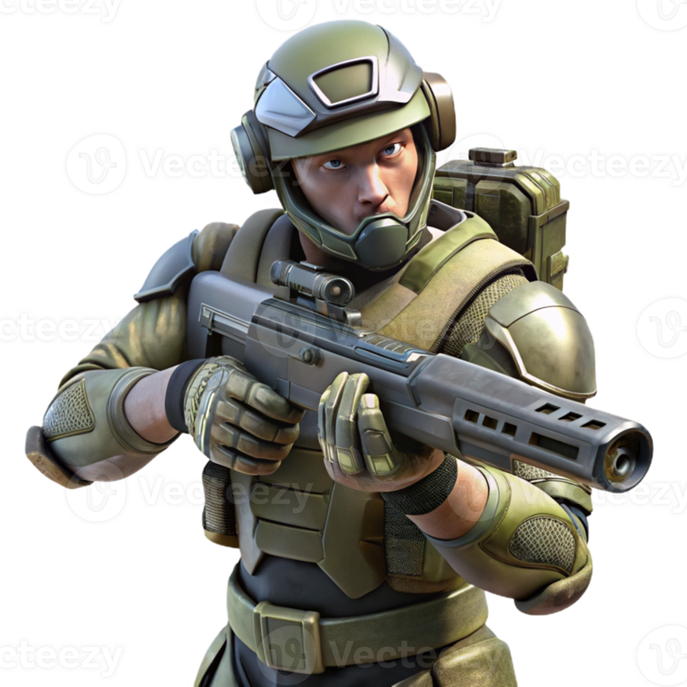 vibrant artistic A futuristic soldier in camouflage armor, aiming a high tech rifle in a dense, alien jungle. Military sci fi style, realistic rendering original png