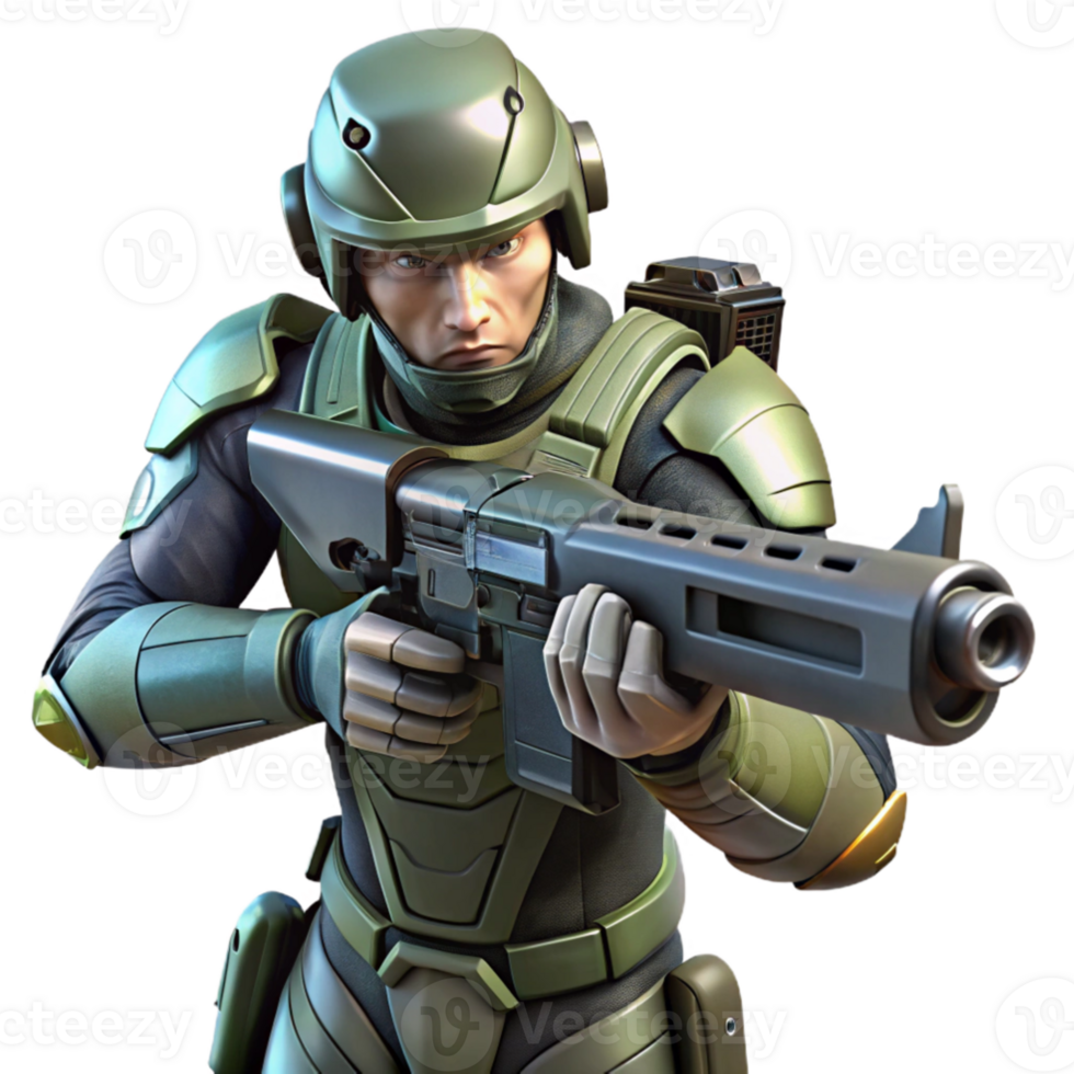 wonderful creative A futuristic soldier in camouflage armor, aiming a high tech rifle in a dense, alien jungle. Military sci fi style, realistic rendering original png