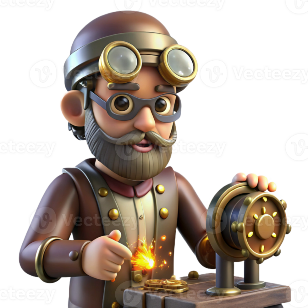 dramatic creative A lone steampunk inventor, goggles perched on his forehead, tinkering with a complex clockwork device emitting sparks and glowing embers, in a dimly lit workshop, Rembrandt... png