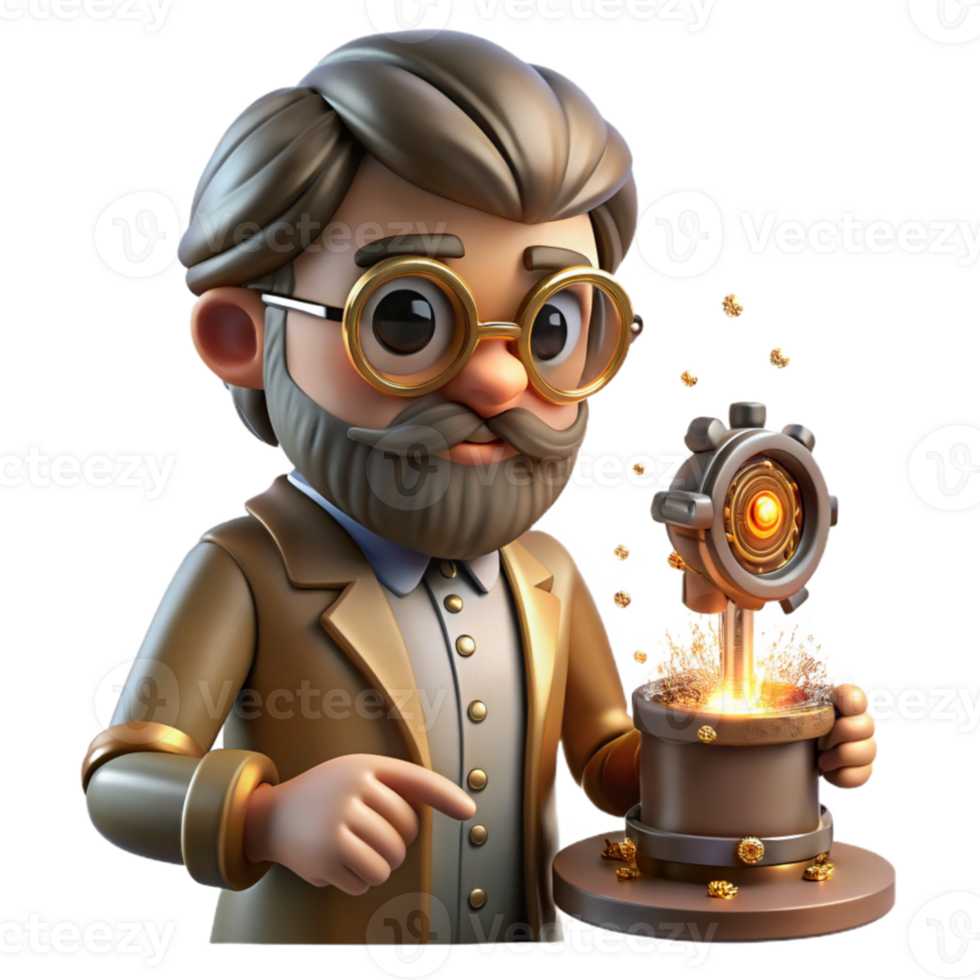 elegant rustic A lone steampunk inventor, goggles perched on his forehead, tinkering with a complex clockwork device emitting sparks and glowing embers, in a dimly lit workshop, Rembrandt... png