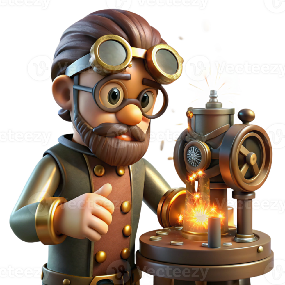 dramatic classic A lone steampunk inventor, goggles perched on his forehead, tinkering with a complex clockwork device emitting sparks and glowing embers, in a dimly lit workshop, Rembrandt... png