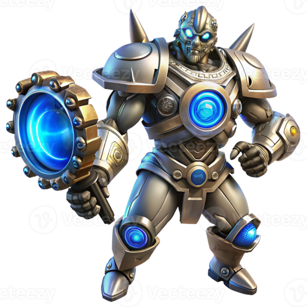 wonderful rustic A fierce steampunk robot, constructed of riveted iron plates and glowing blue energy cores, wielding a massive gear shaped weapon, dynamic pose, dramatic lighting, cyberpunk style... png