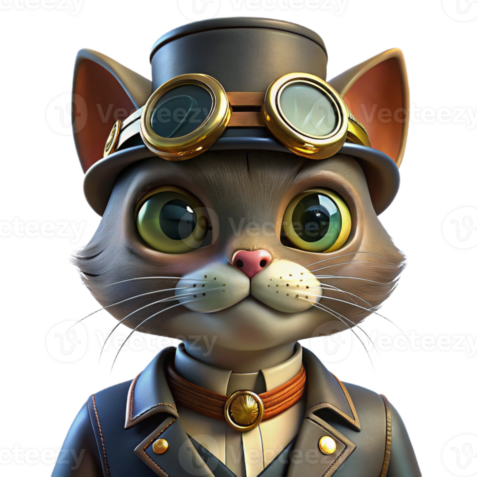 wonderful contemporary A portrait of a steampunk cat, wearing miniature goggles and a tiny top hat, intricate details, warm lighting, realistic style detailed png