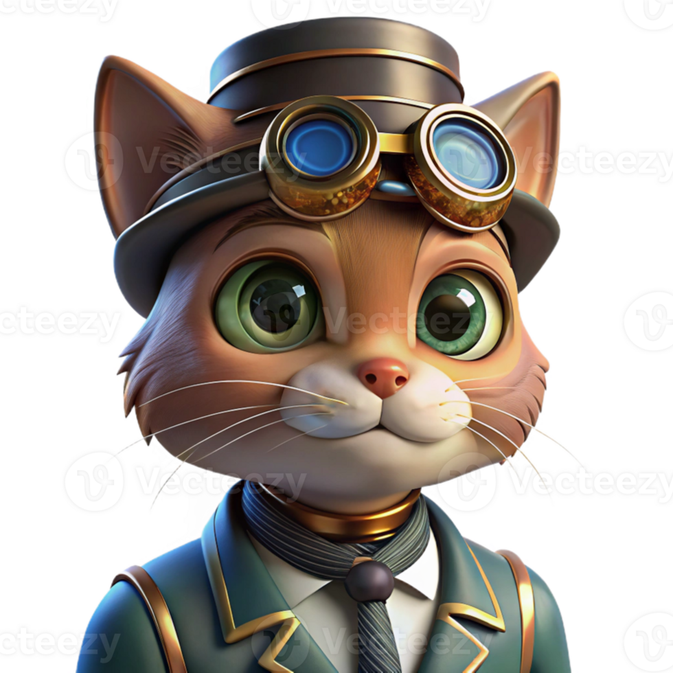 vibrant modern A portrait of a steampunk cat, wearing miniature goggles and a tiny top hat, intricate details, warm lighting, realistic style premium png