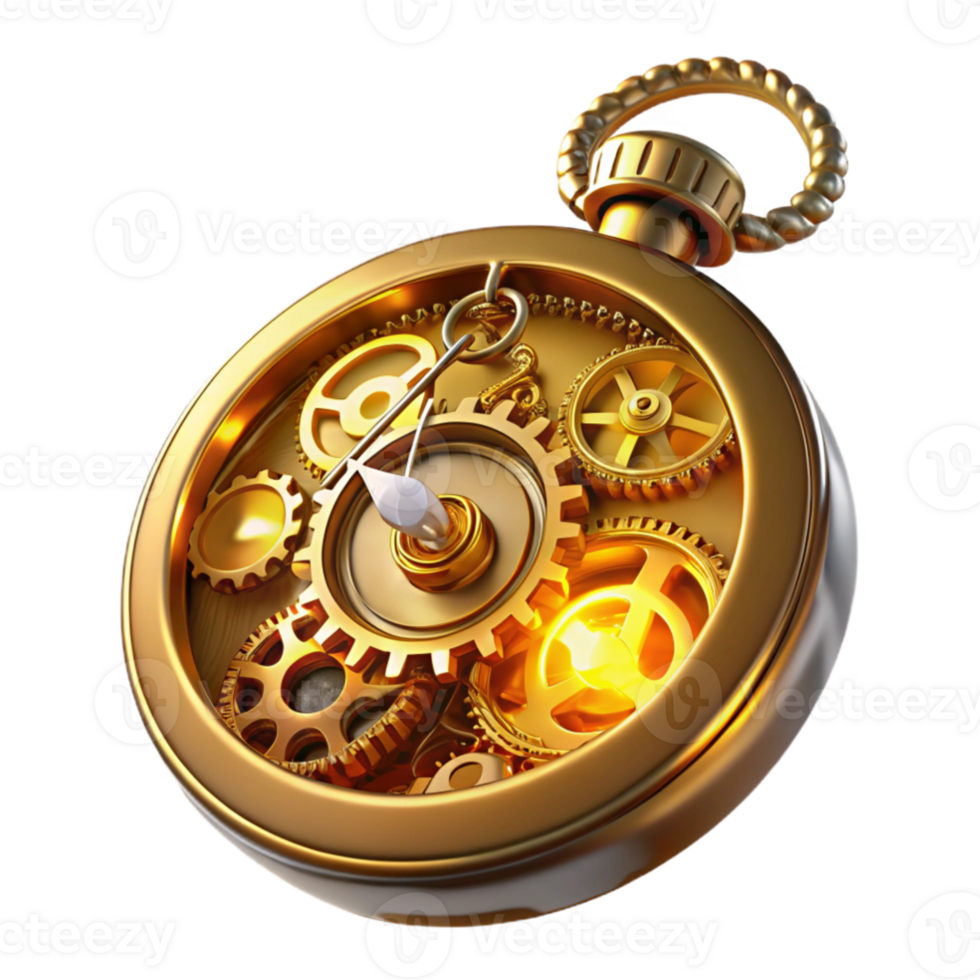 vibrant artistic A intricate steampunk pocket watch, its gears and springs visible through a crystal casing, emitting a soft golden glow, macro photography, intricate details premium png