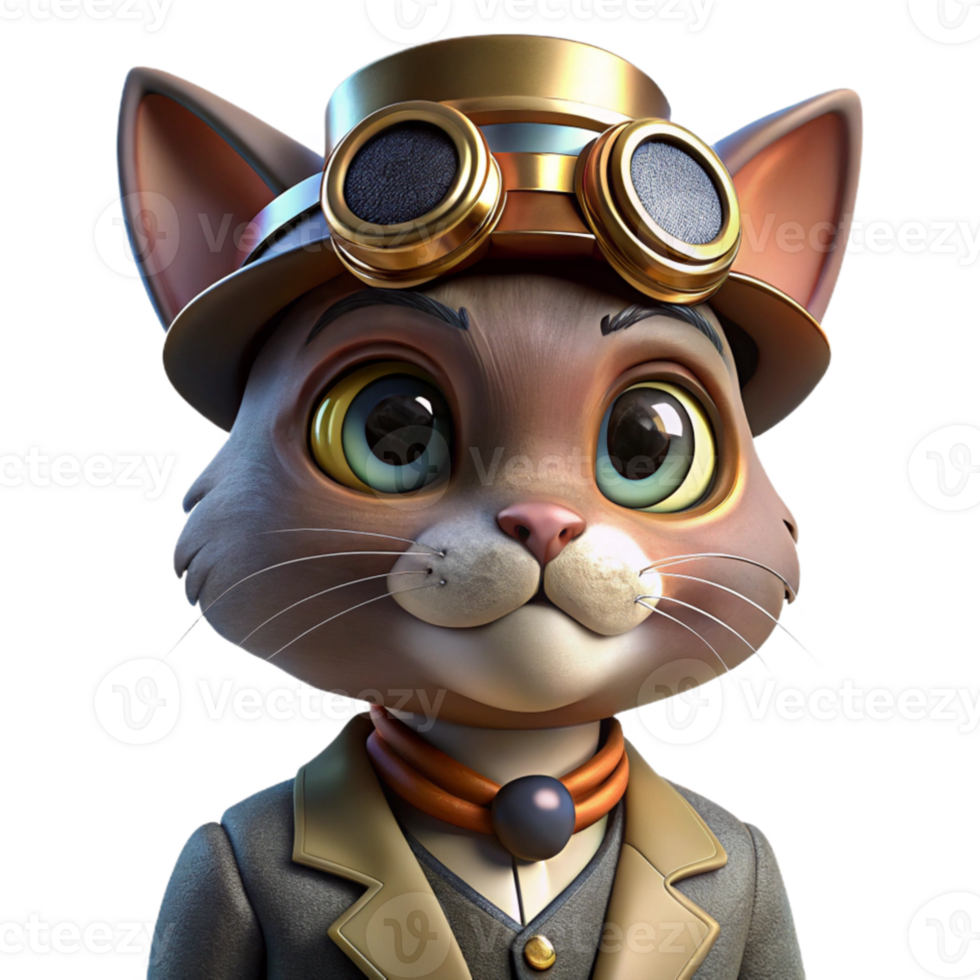 stunning classic A portrait of a steampunk cat, wearing miniature goggles and a tiny top hat, intricate details, warm lighting, realistic style professional png