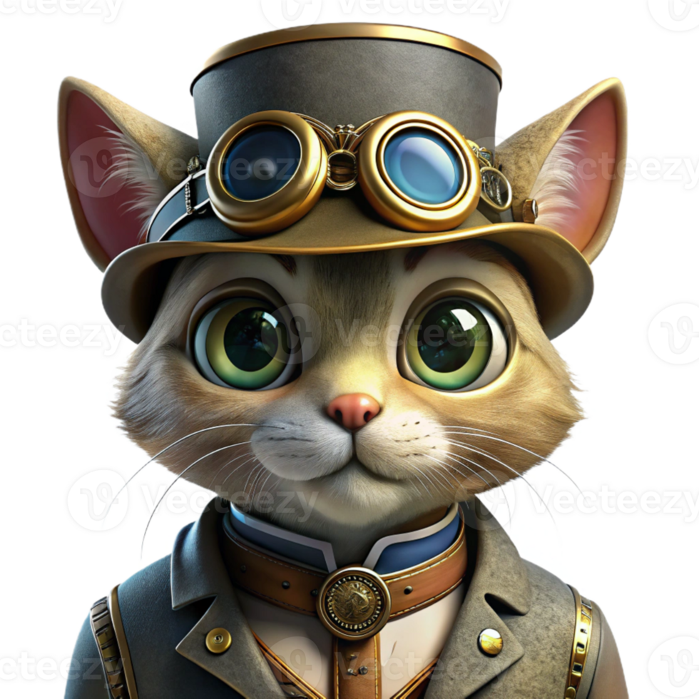extraordinary classic A portrait of a steampunk cat, wearing miniature goggles and a tiny top hat, intricate details, warm lighting, realistic style high resolution png