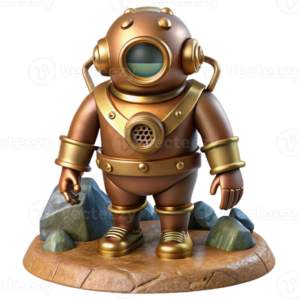 magnificent classic A steampunk diving suit, crafted from heavy brass and copper, with large circular lenses and articulated limbs, standing on a rocky seabed, underwater lighting, realistic style... png
