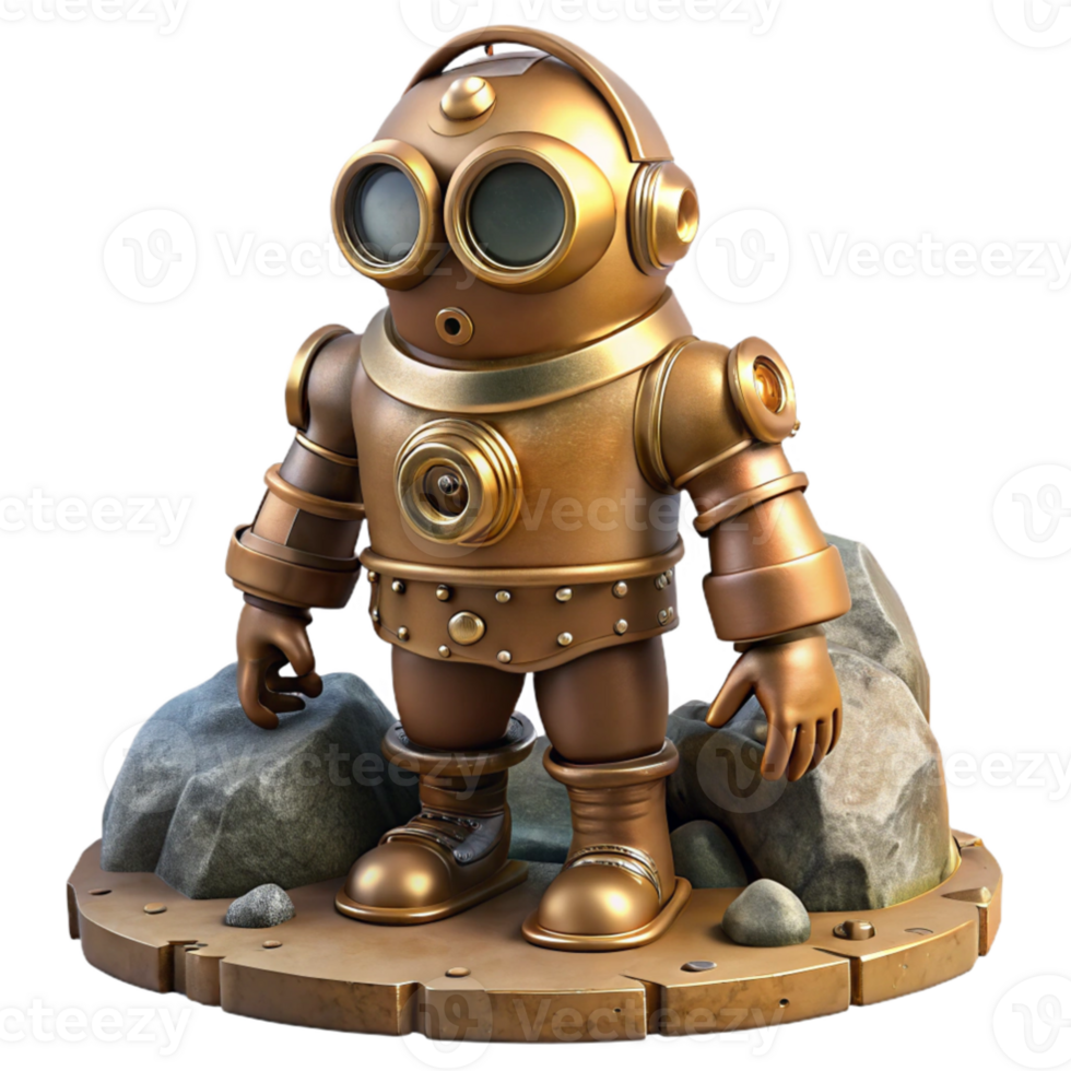 extraordinary contemporary A steampunk diving suit, crafted from heavy brass and copper, with large circular lenses and articulated limbs, standing on a rocky seabed, underwater lighting,... png