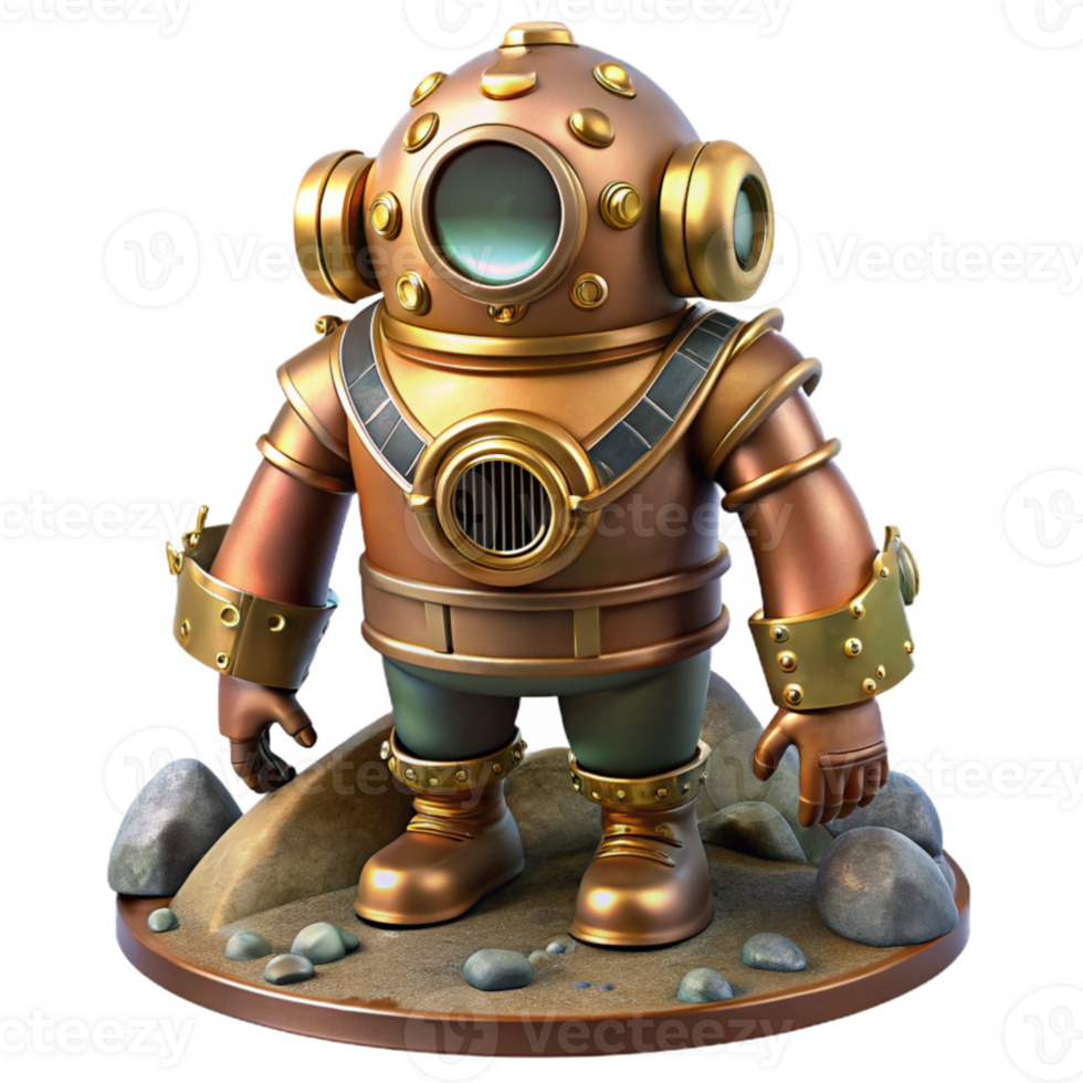 vibrant creative A steampunk diving suit, crafted from heavy brass and copper, with large circular lenses and articulated limbs, standing on a rocky seabed, underwater lighting, realistic style... png