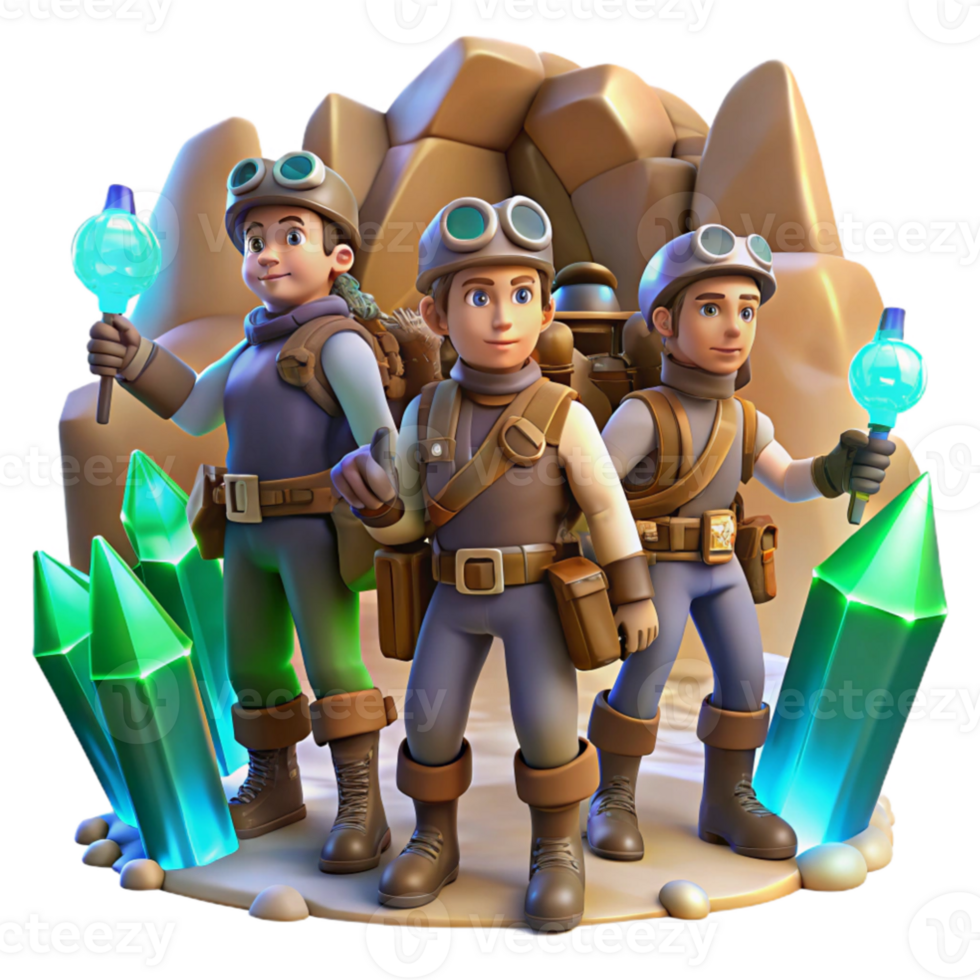 elegant creative A group of steampunk explorers, equipped with jetpacks and grappling hooks, exploring a hidden cavern filled with glowing crystals, adventurous lighting, comic book style premium png