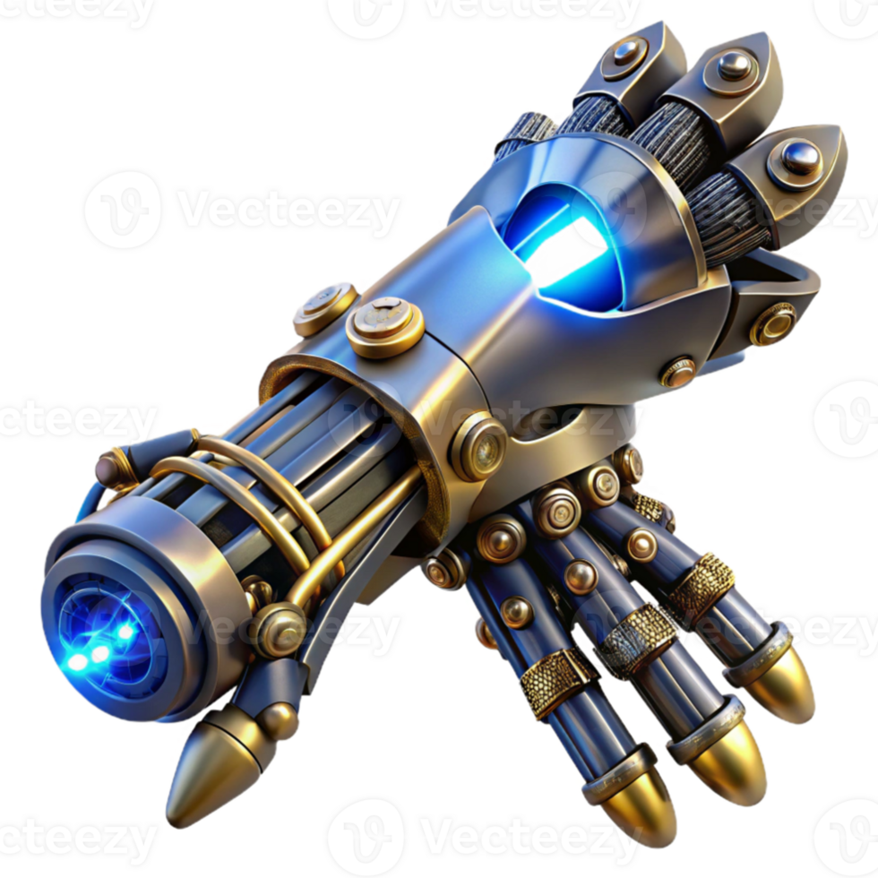 impressive creative A steampunk prosthetic arm, crafted from polished steel and brass, with intricate gears and glowing blue energy conduits, close up, cinematic lighting, biopunk style genuine png