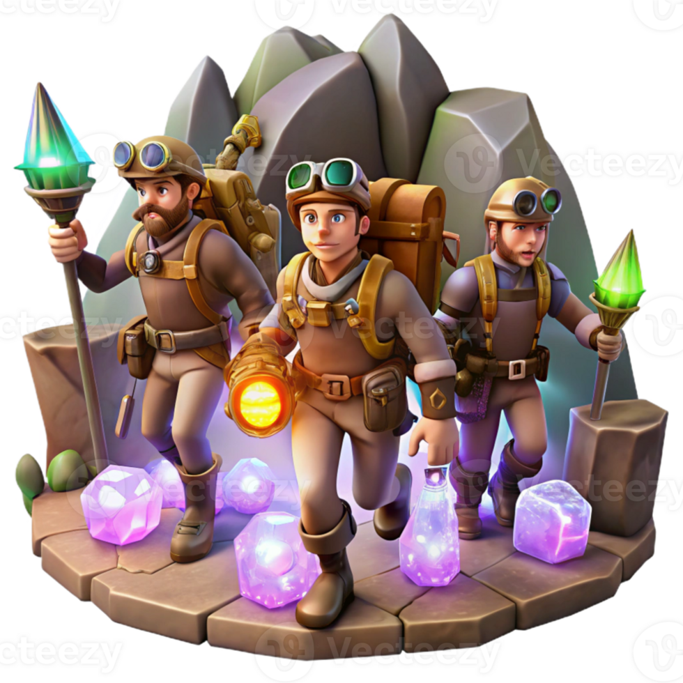 magnificent rustic A group of steampunk explorers, equipped with jetpacks and grappling hooks, exploring a hidden cavern filled with glowing crystals, adventurous lighting, comic book style exclusive png