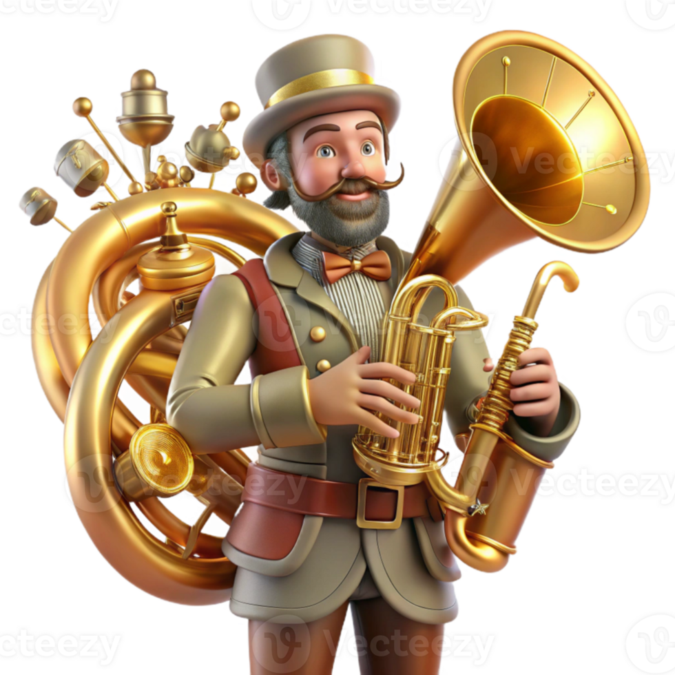 dramatic traditional A steampunk musician, playing a modified brass instrument with intricate valves and tubes, surrounded by glowing musical notes, stage lighting, art nouveau style original png