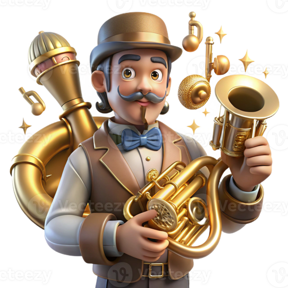 stunning rustic A steampunk musician, playing a modified brass instrument with intricate valves and tubes, surrounded by glowing musical notes, stage lighting, art nouveau style high resolution png