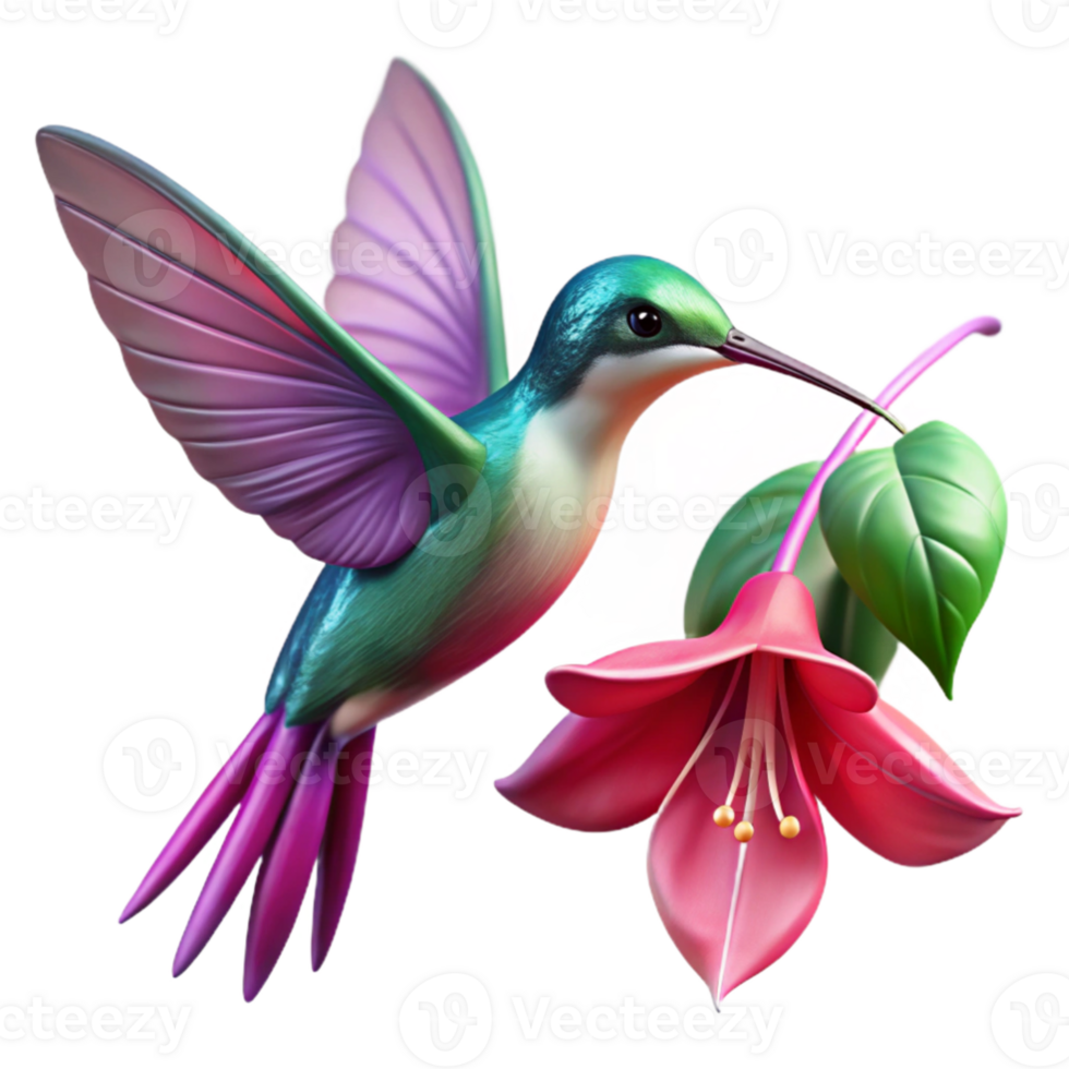 stunning traditional A hummingbird hovering near a vibrant fuchsia flower, delicate bokeh effect, macro photography style professional png
