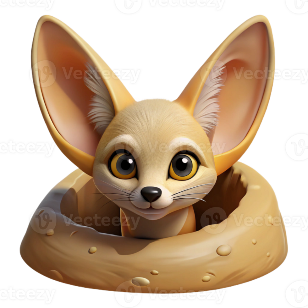 elegant artistic A curious Fennec fox peeking out from its burrow in the desert, warm desert lighting, illustrated children's book style authentic png