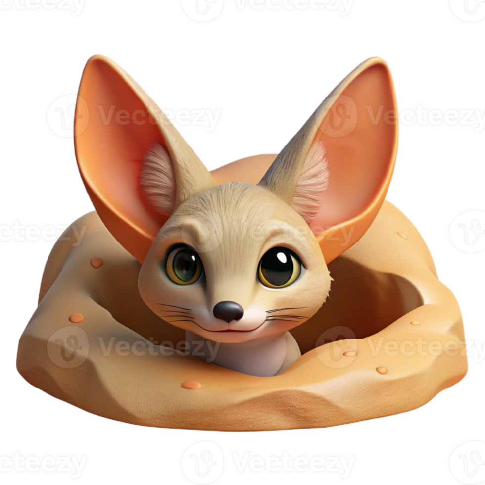 vibrant creative A curious Fennec fox peeking out from its burrow in the desert, warm desert lighting, illustrated children's book style authentic png