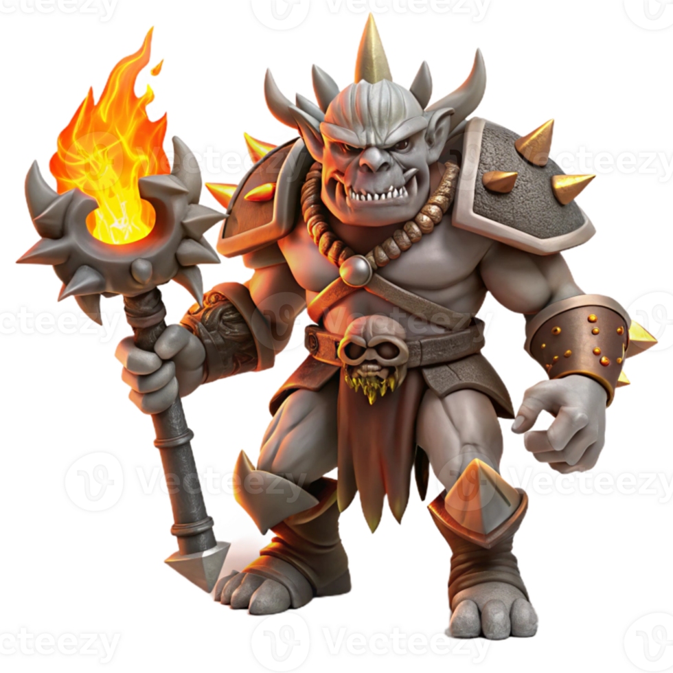 elegant traditional A fierce orc chieftain wearing intricate bone armor, wielding a flaming battle axe, dark fantasy style, strong rim lighting genuine png