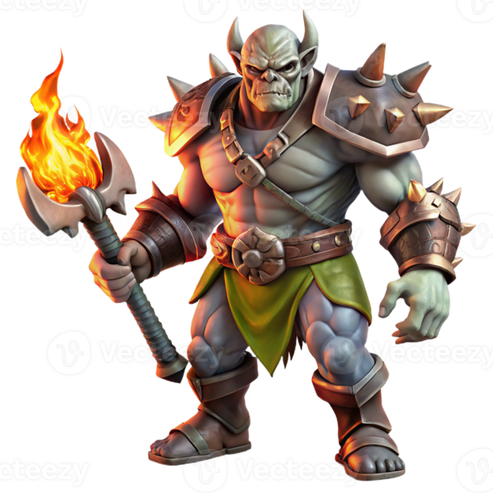 extraordinary classic A fierce orc chieftain wearing intricate bone armor, wielding a flaming battle axe, dark fantasy style, strong rim lighting genuine png