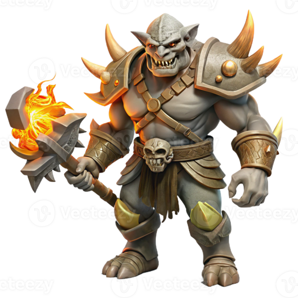 beautiful vintage A fierce orc chieftain wearing intricate bone armor, wielding a flaming battle axe, dark fantasy style, strong rim lighting high resolution png