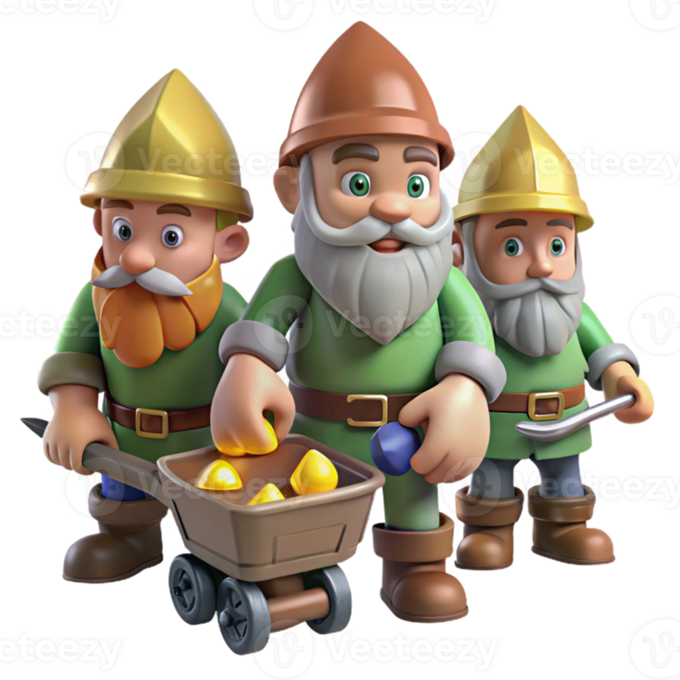 stunning creative A group of gnomes mining for gems in a cavern, cartoon style, bright lighting detailed png