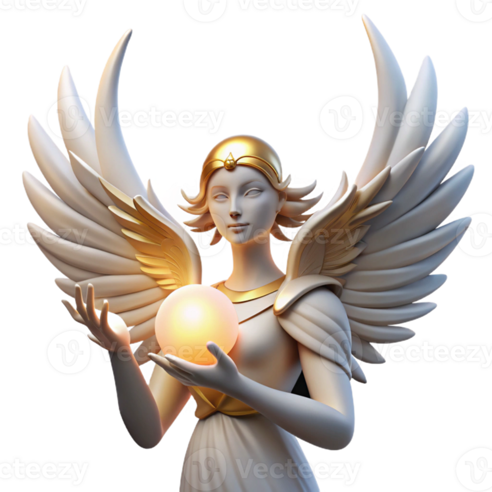 dramatic traditional A celestial being with feathered wings, holding a glowing orb, Art Deco style, ethereal lighting high resolution png