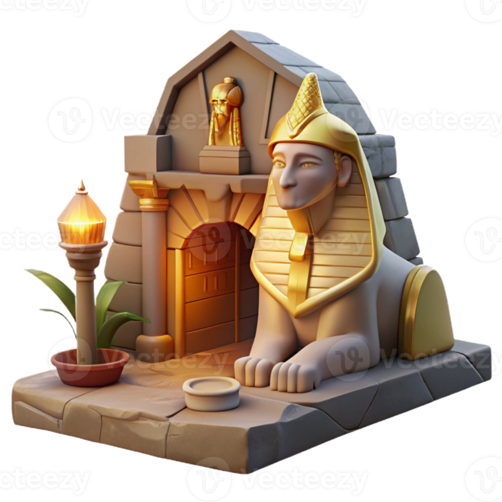 vibrant rustic A majestic sphinx guarding a hidden tomb in a desert, ancient Egyptian style, harsh lighting high quality png