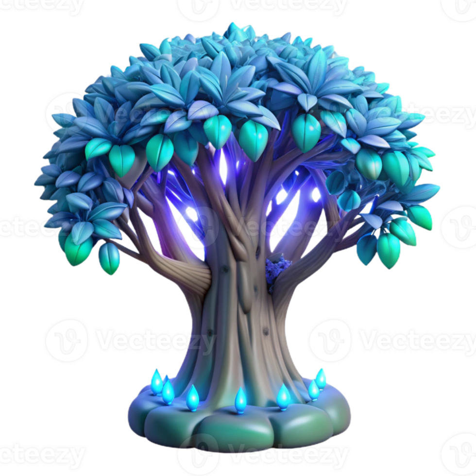 serene creative A colossal tree with glowing leaves in a mystical grove, surreal style, bioluminescent lighting authentic png