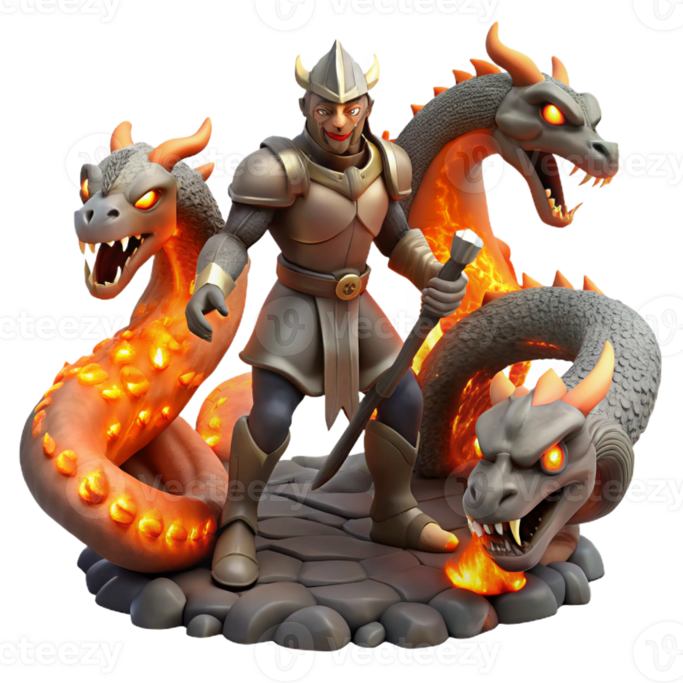 elegant modern A brave knight battling a three headed hydra in a fiery wasteland, heroic fantasy style, dynamic lighting high quality png