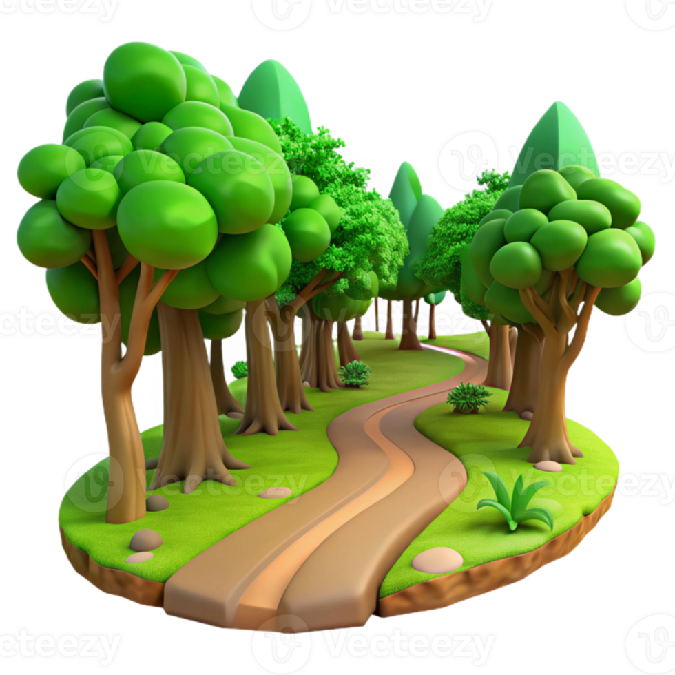 magnificent creative A winding dirt path through a lush, vibrant green forest, dappled with sunlight filtering through the canopy. Impressionist style detailed png