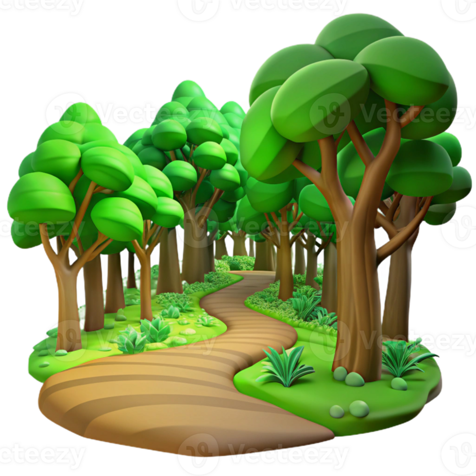 dramatic modern A winding dirt path through a lush, vibrant green forest, dappled with sunlight filtering through the canopy. Impressionist style exclusive png
