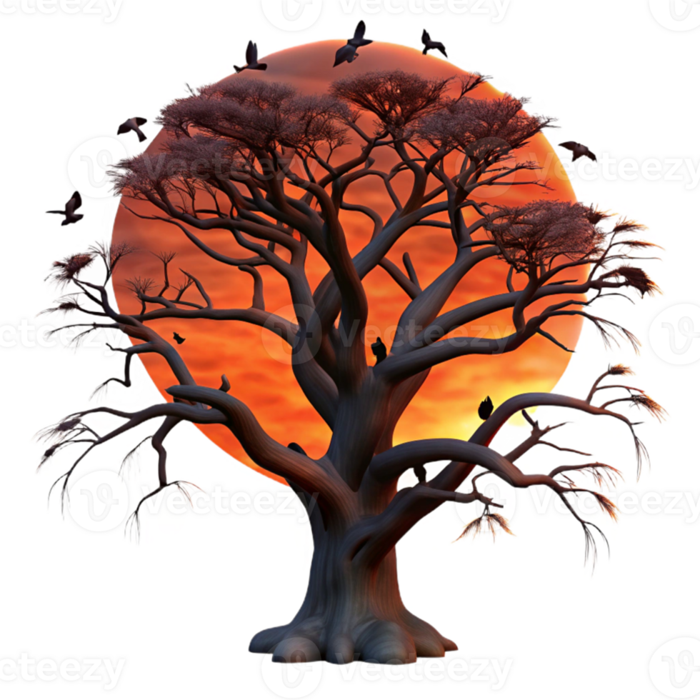 elegant traditional A lone, gnarled oak tree silhouetted against a fiery sunset sky, with ravens perched on its branches. Dark fantasy style authentic png