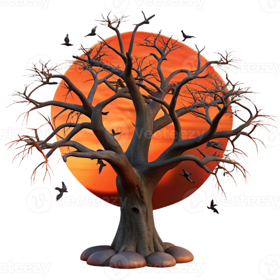 magnificent rustic A lone, gnarled oak tree silhouetted against a fiery sunset sky, with ravens perched on its branches. Dark fantasy style 4K png