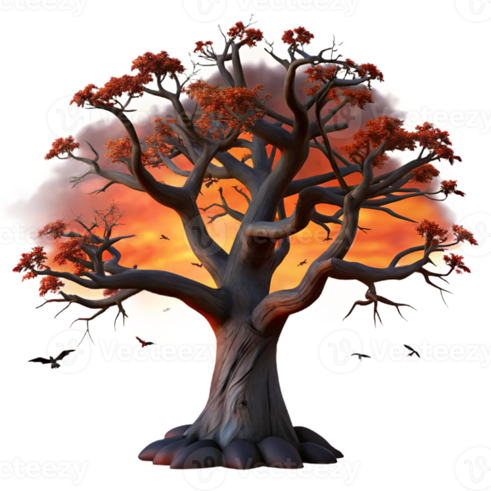 wonderful traditional A lone, gnarled oak tree silhouetted against a fiery sunset sky, with ravens perched on its branches. Dark fantasy style exclusive png