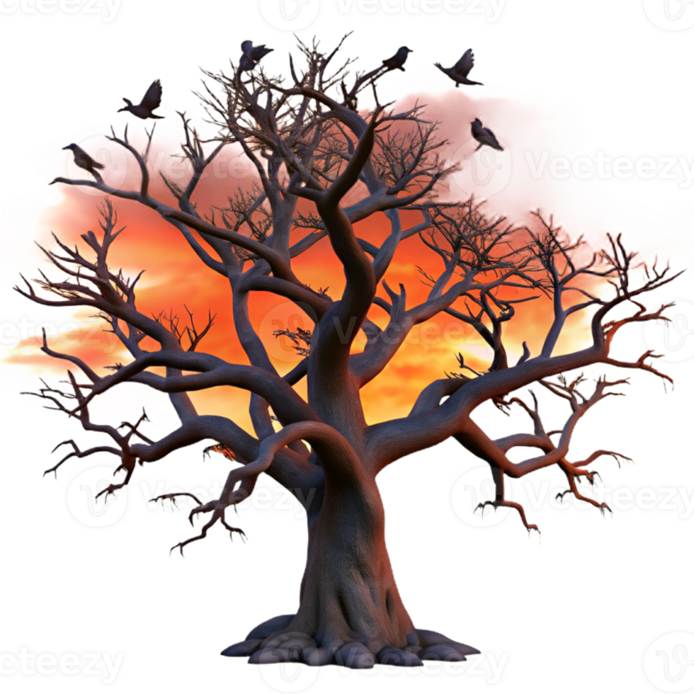 wonderful classic A lone, gnarled oak tree silhouetted against a fiery sunset sky, with ravens perched on its branches. Dark fantasy style high resolution png
