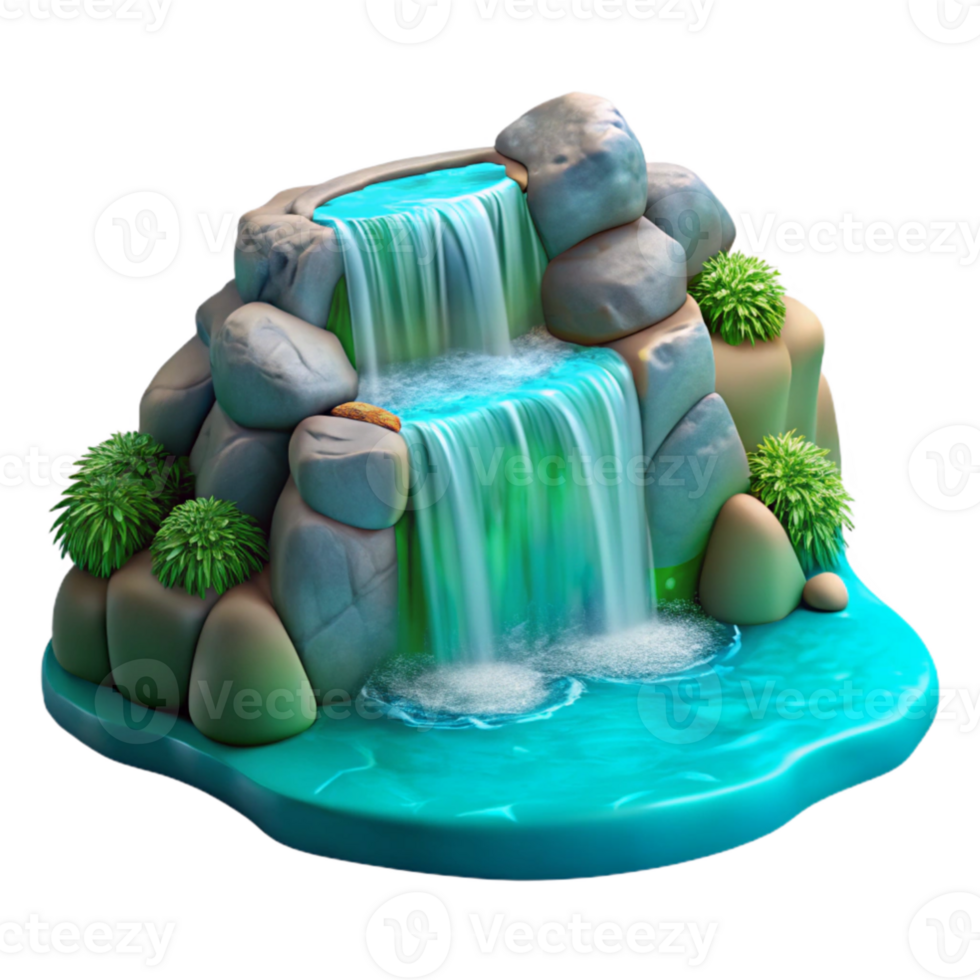 magnificent classic A crystal clear waterfall cascading down moss covered rocks into a turquoise pool. Photorealistic style, vibrant colors professional png