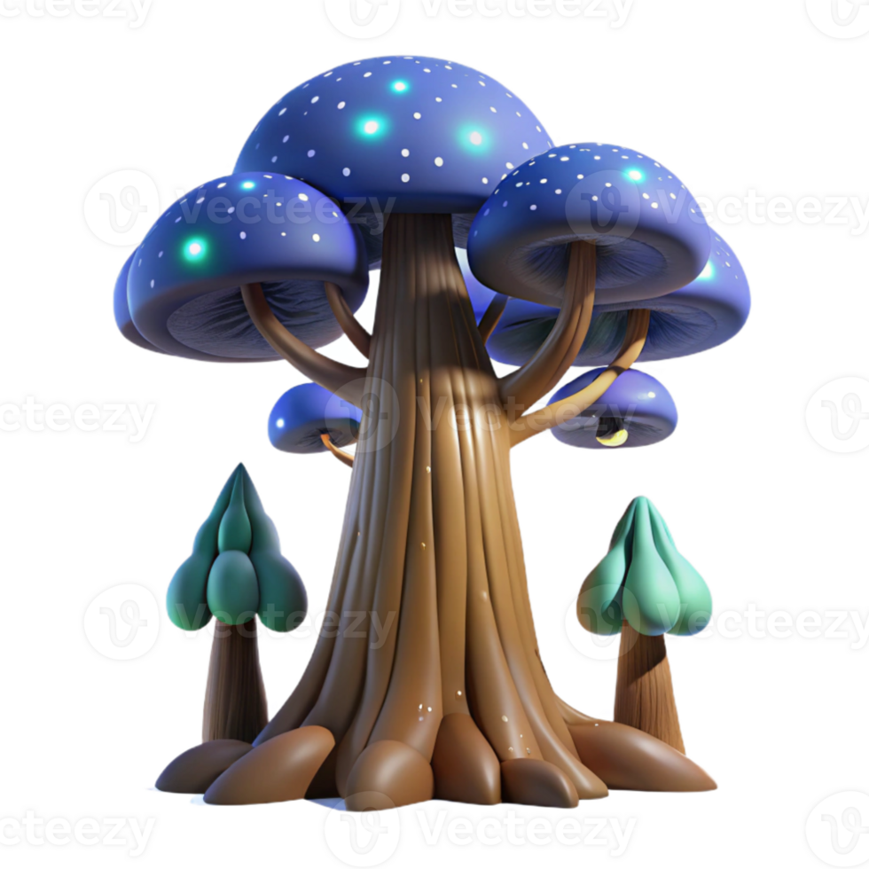 impressive abstract A giant sequoia tree reaching towards a starry night sky, bioluminescent mushrooms glowing at its base, ethereal, dreamlike style exclusive png