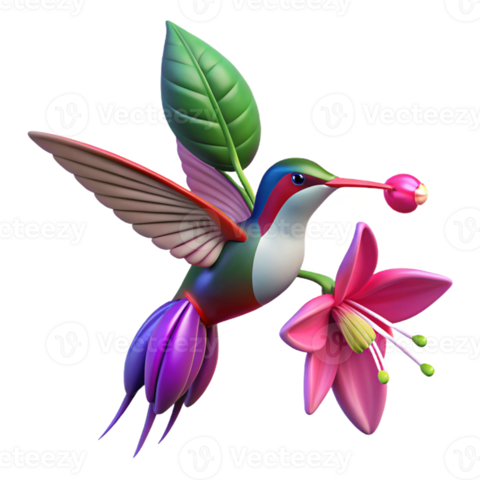 stunning creative A hummingbird hovering near a vibrant fuchsia flower, wings a blur of motion, bokeh effect, nature photography high quality png
