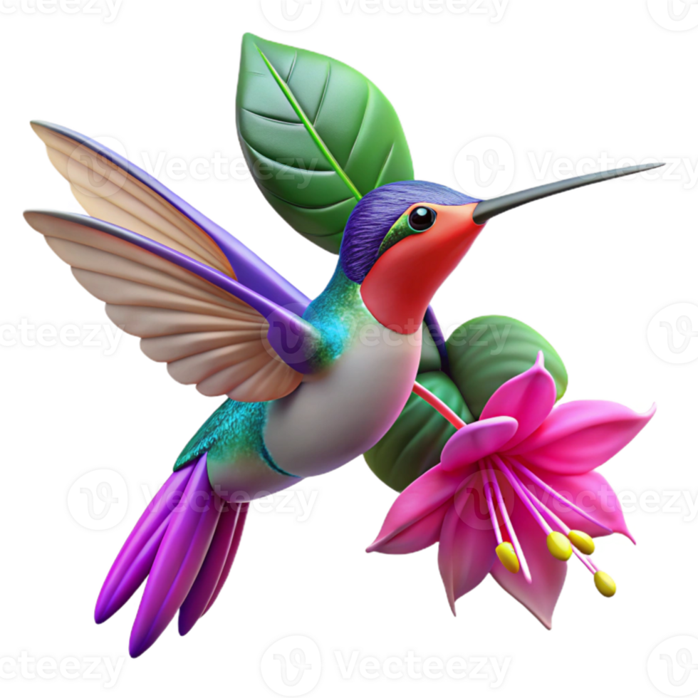 vibrant modern A hummingbird hovering near a vibrant fuchsia flower, wings a blur of motion, bokeh effect, nature photography detailed png