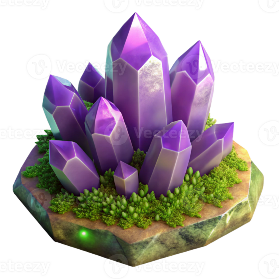 elegant minimalist A cluster of amethyst crystals growing on a mossy rock, soft, diffused lighting, fantasy art style high resolution png