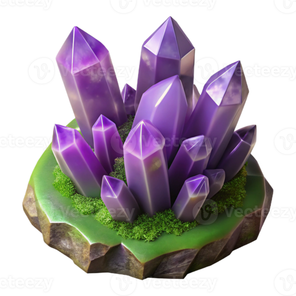 dramatic contemporary A cluster of amethyst crystals growing on a mossy rock, soft, diffused lighting, fantasy art style genuine png