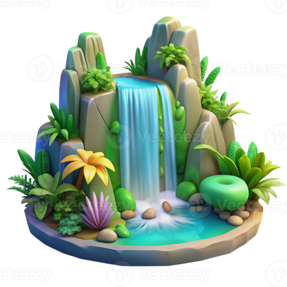 dramatic traditional A cascading waterfall surrounded by lush, tropical foliage, mist rising from the water, vibrant colors, fantasy art style high resolution png